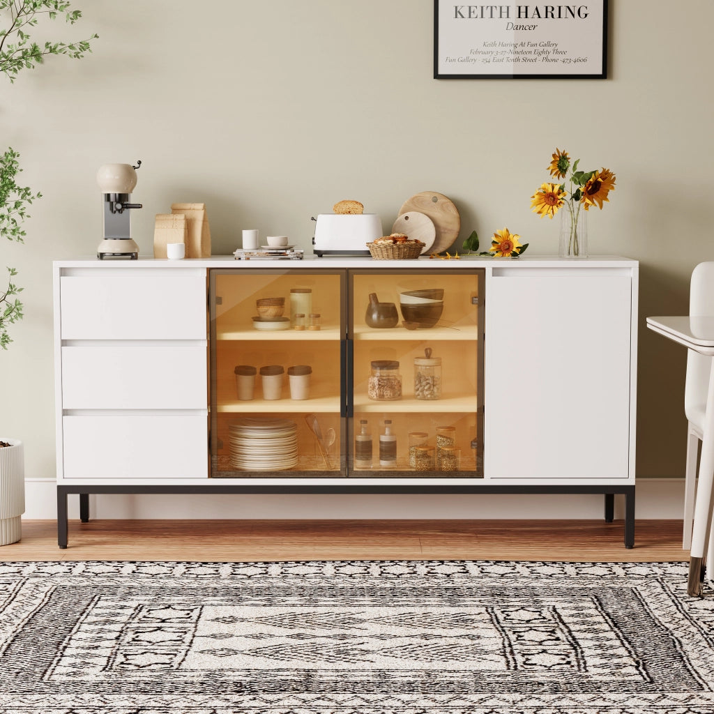 Buffet-Schrank mit Aufbewahrung - Zephmum - K¨¹che Seitenpanel mit T¨¹ren und 3 Schubladen, wei?