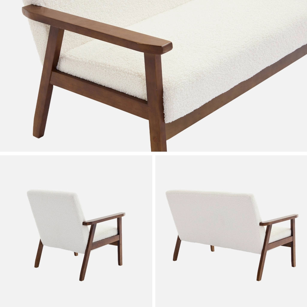 Set panca e poltrona in tessuto bouclé, 3 posti, bouclé bianco