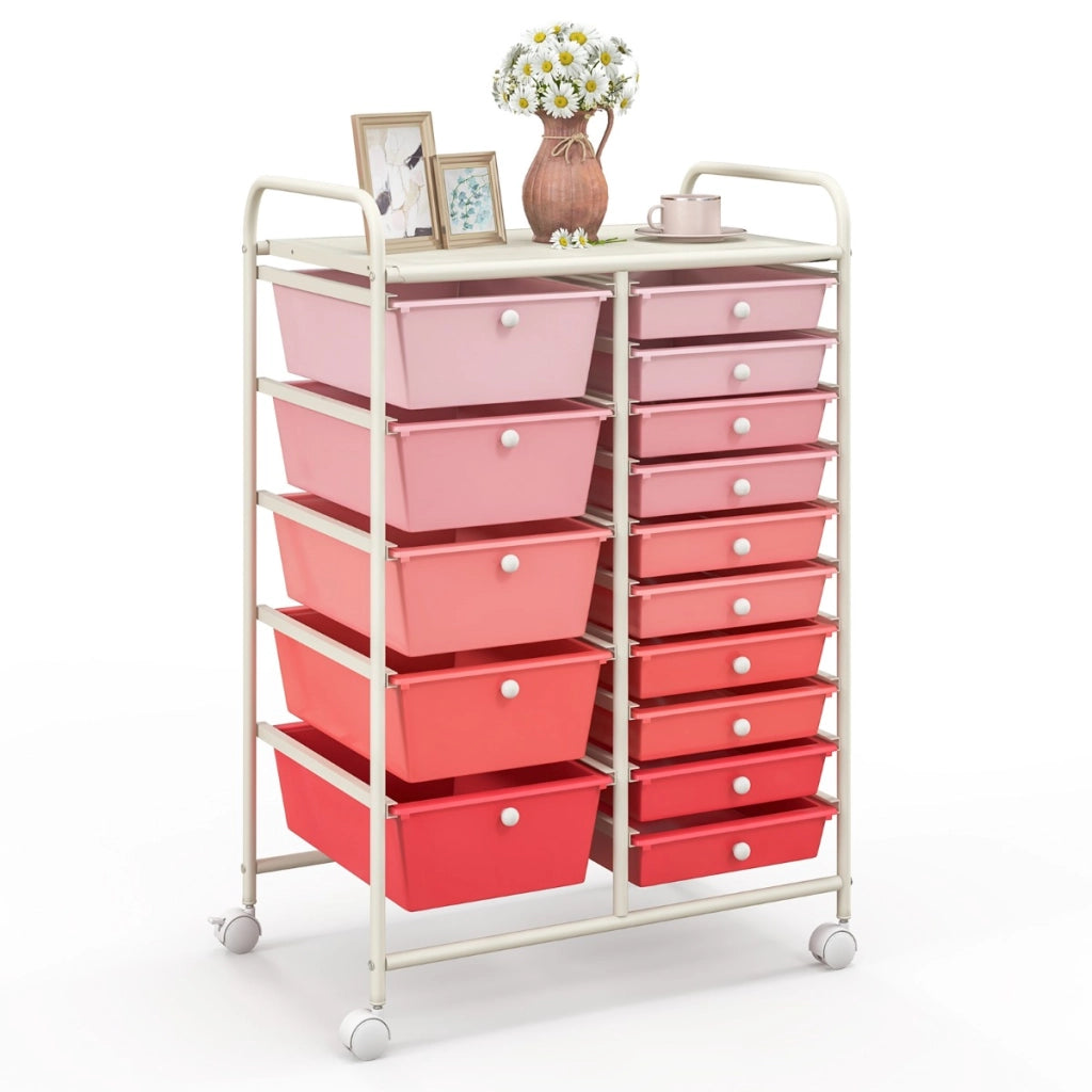 Carrello con 15 cassetti estraibili e ruote con freno, Carrello multiuso per casa ufficio scuola Rosa-Armadi da ufficio