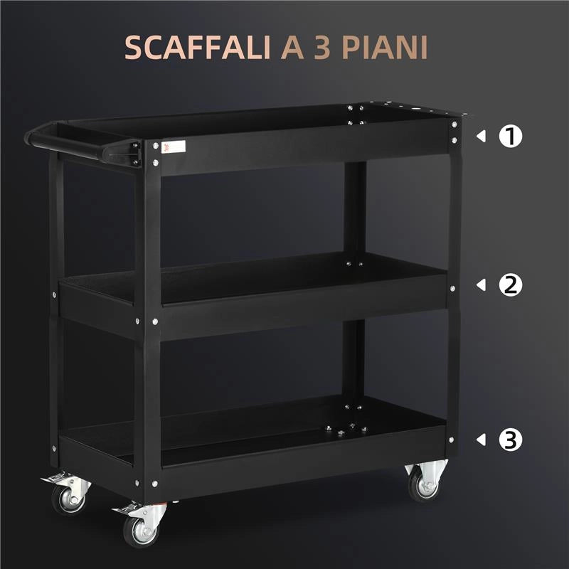 CARRELLO PORTA ATTREZZI A 3 LIVELLI IN ACCIAIO CON BORDI ALTI E 4 RUOTE GIREVOLI 83X35.3X76 CM NERO