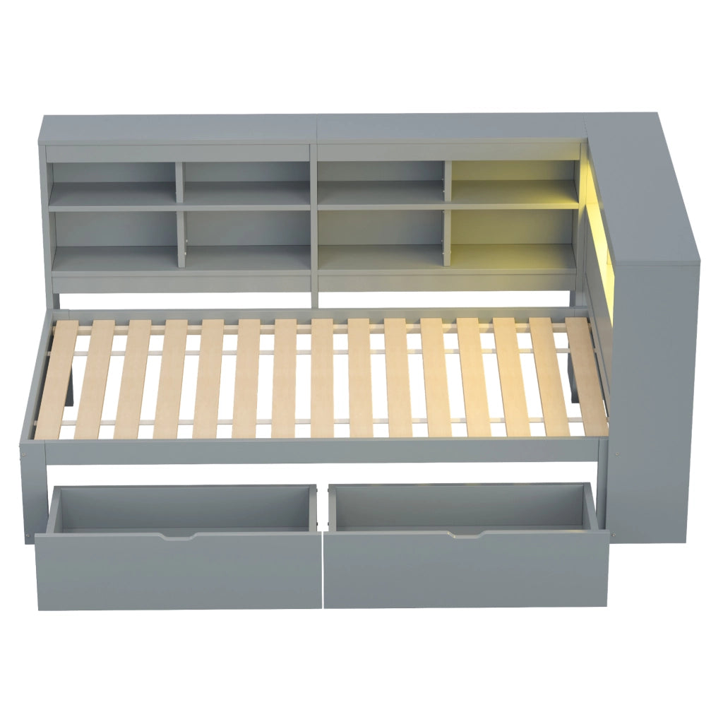 Letto singolo 90x200 cm con cassetti, USB e LED in pino, compensato e MDF grigio