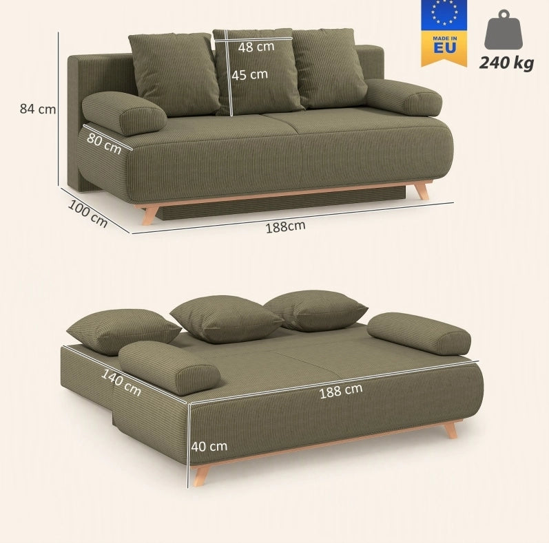 Divano letto 188x100x84 cm verde scuro con contenitore integrato –