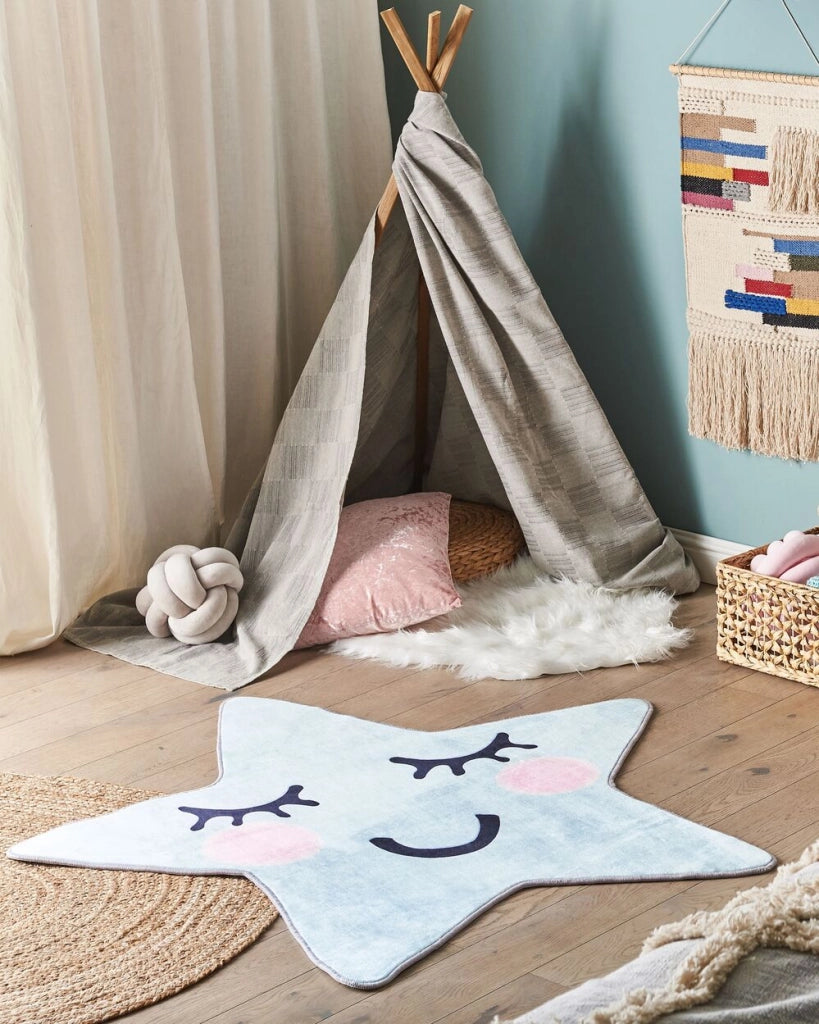 Tappeto blu 120 x 120 cm a pelo corto a forma di stella per la sala giochi dei bambini