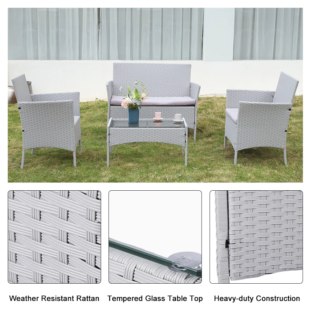 Set di mobili da giardino in polyrattan, grigio, 7 pezzi, con cuscino e tavolo, per esterni, giardino, terrazza