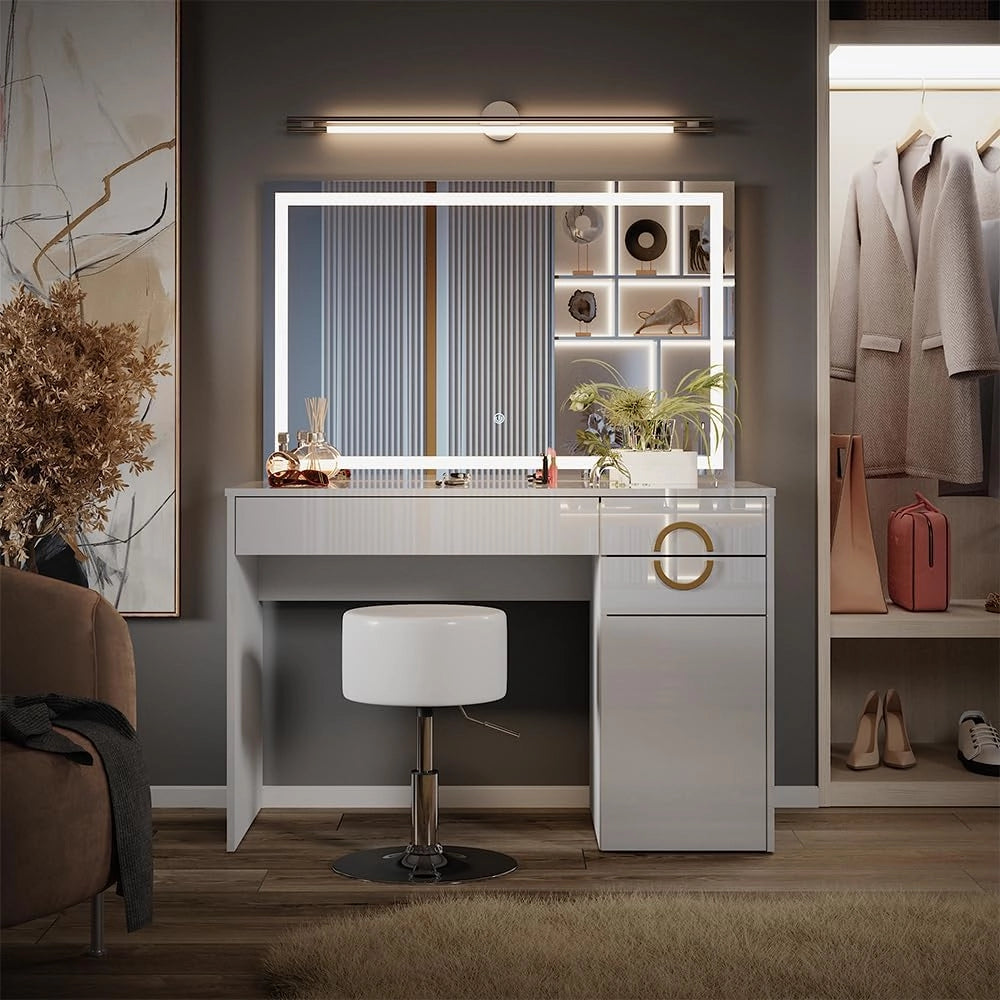 Tavolo da toeletta Adela, Bianco, 115 cm con specchio a LED, Funziona anche come postazione di lavoro elegante