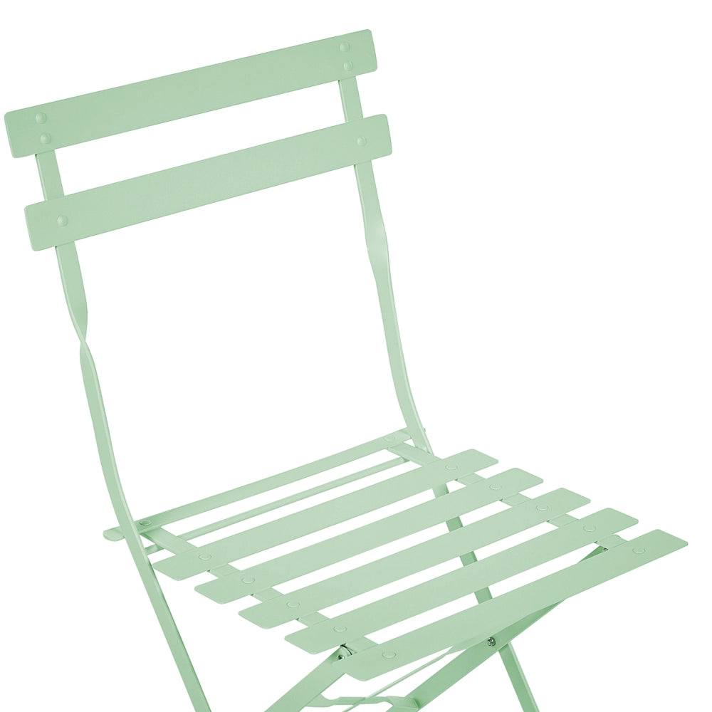 Set da bistrot da 3 pezzi in metallo verde menta con schienale a doghe pieghevole all'aperto