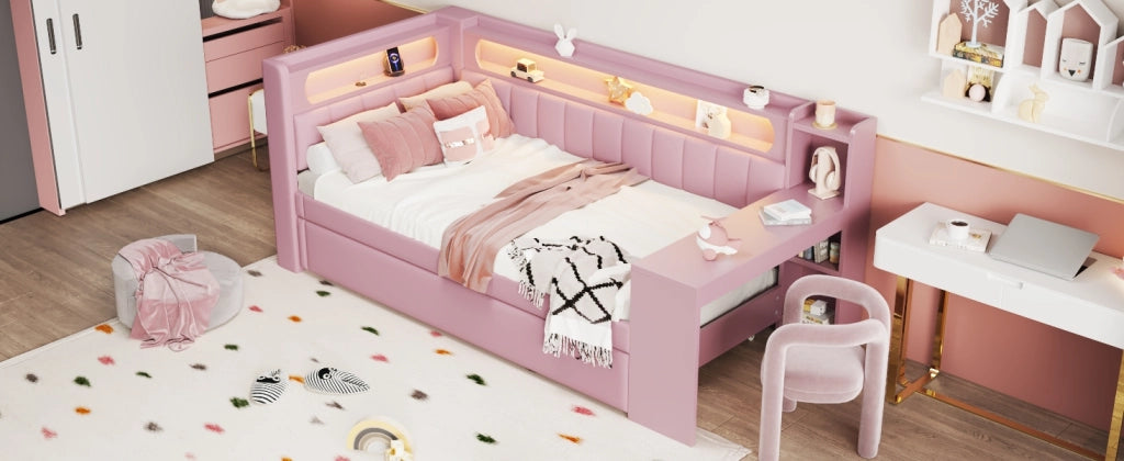 DESMIU Divano letto 90 × 200 cm 1 posto con USB, LED e letto estraibile, senza materasso, rosa