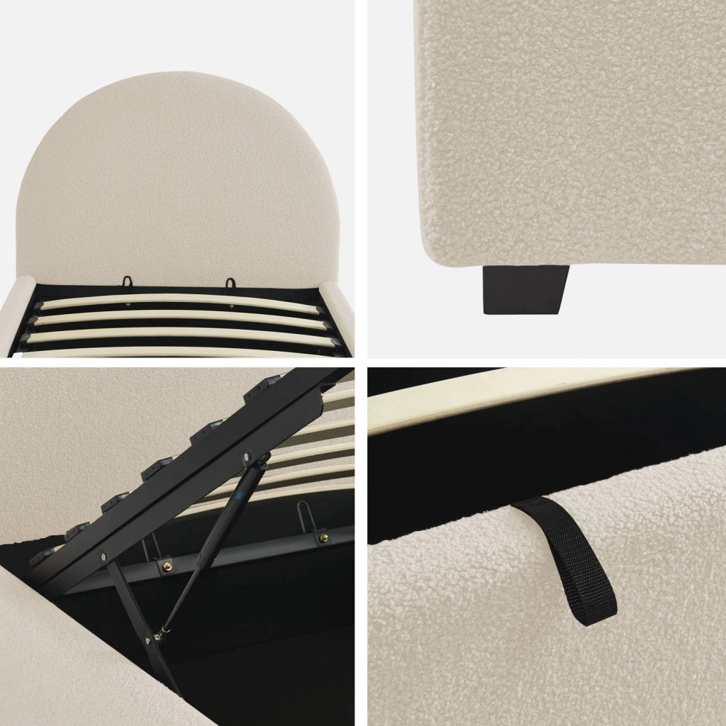 Struttura letto con contenitore e testiera 90x190cm, imbottita bouclé,