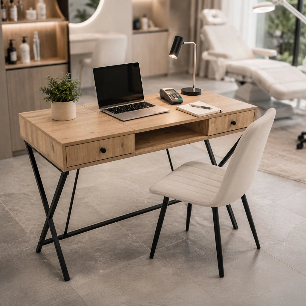 Scrivania PC industriale Rovere Artisan CROSSLINE 120 cm 2 cassetti 1 ripiano gambe nere