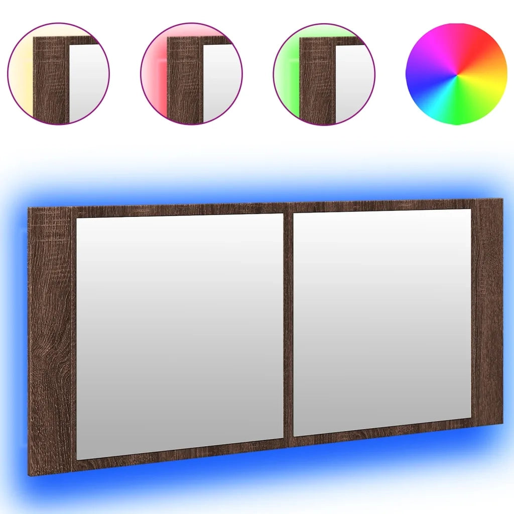 Armadietto Specchio con LED da Bagno-Mobile bagno con specchio Rovere Marrone 100x12x45cm