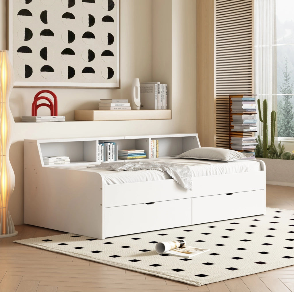 Letto da giorno 90x200 cm bianco con cassetti e vani laterali