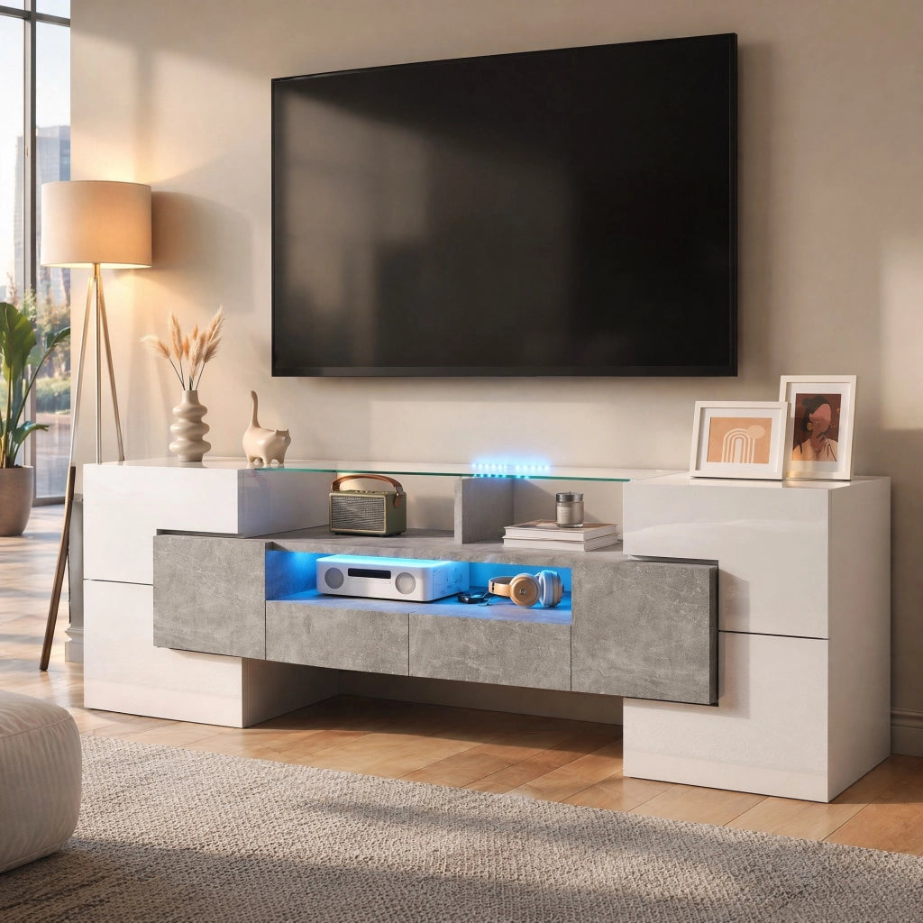 Mobile TV 145x30x51 cm con LED multicolore; 6 ante e 2 cassetti; bianco