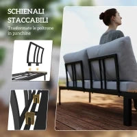 Set da Giardino 4 Pezzi con 2 Divanetti 2 Posti e 2 Tavolini in Metallo e Legno Composito, Grigio Nero e Teak