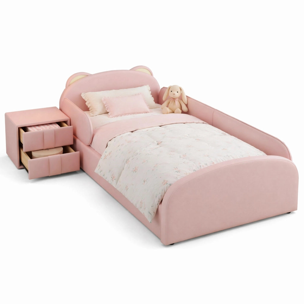 Letto imbottito per bambini con testiera a forma di orso e comodino coordinato