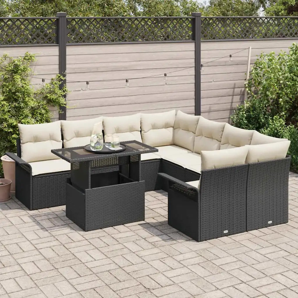 Set Divano da Giardino con cuscino 9 pcs Nero Poly Rattan