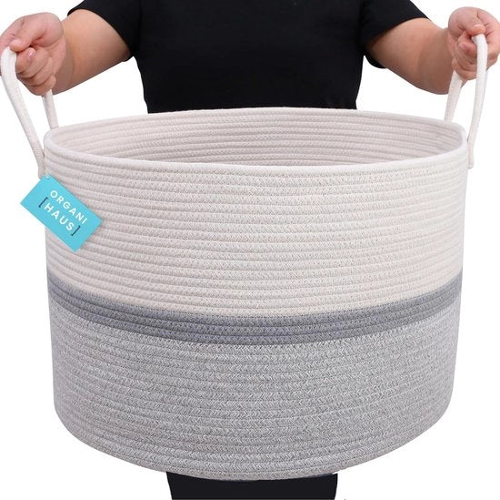 Borsa per bambino in cotone extra grande, grigia, tessuta a mano con più colori, ideale per asciugamani, giocattoli, abbigliamento per neonati, pannolini, conservazione, misura 50x33cm.