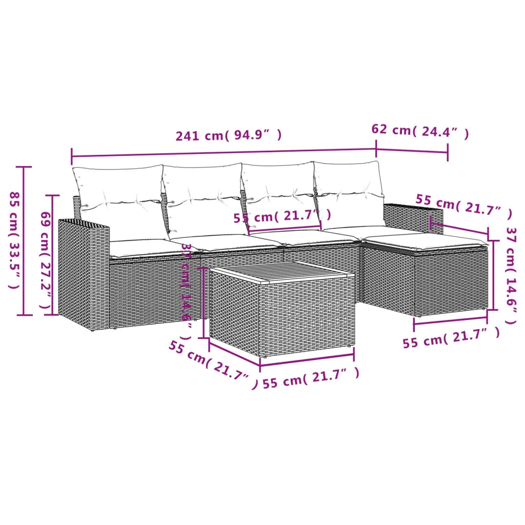 Set Divano da Giardino 6 pz con Cuscini Nero in Polyrattan
