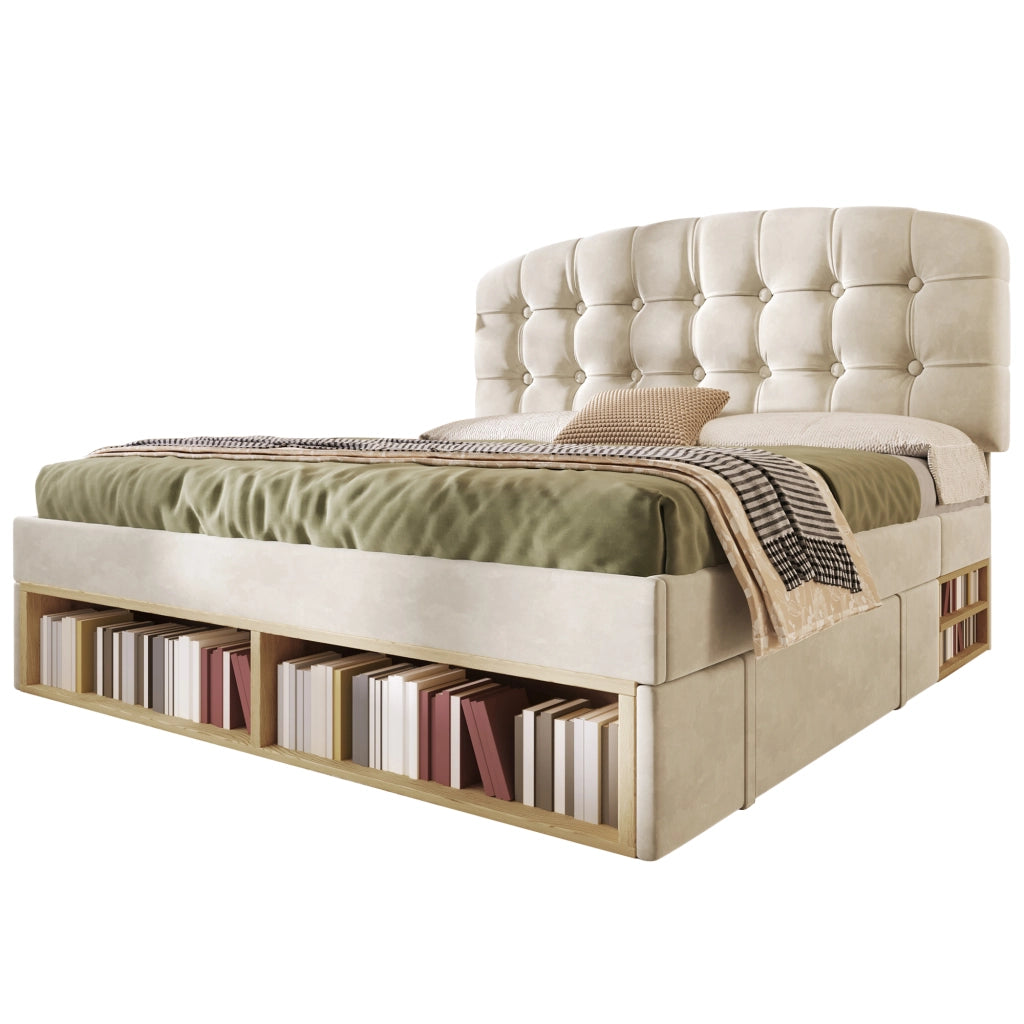Letto matrimoniale 140x200 in velluto beige con testiera regolabile, cassetti e rete a doghe