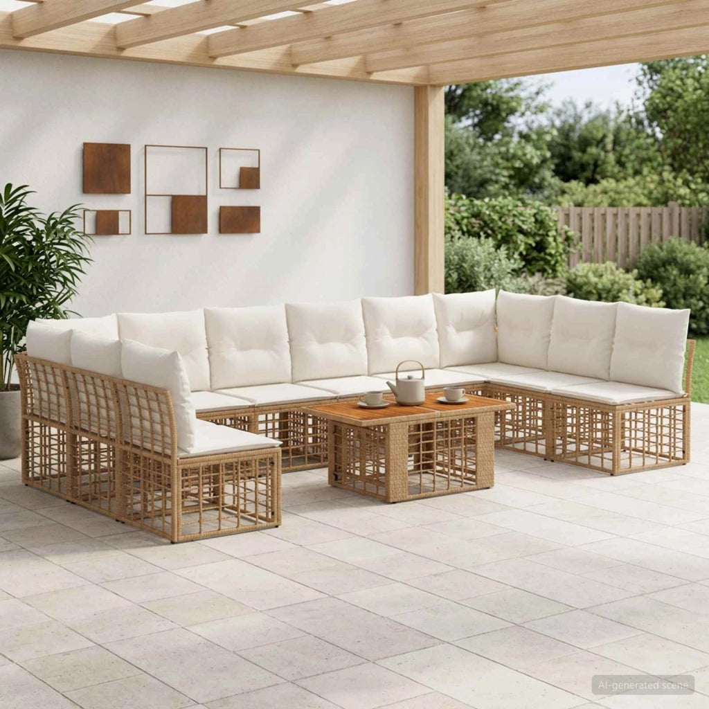 Set Divano da Giardino 11 pz Naturale e Bianco Crema polyrattan 3437900
