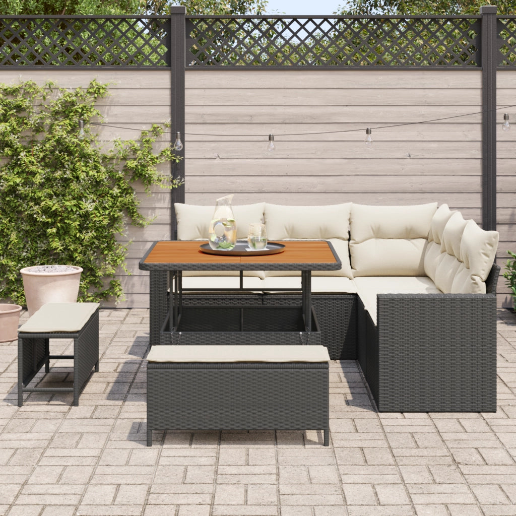 Set Divano da Giardino 8 Pezzi con Cuscini Nero Polyrattan Acacia