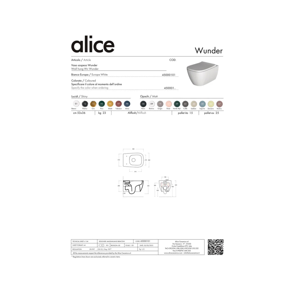 Coppia Di Sanitari Alice Ceramica Sospesi Senza Brida Bianco Lucido "Wunder"