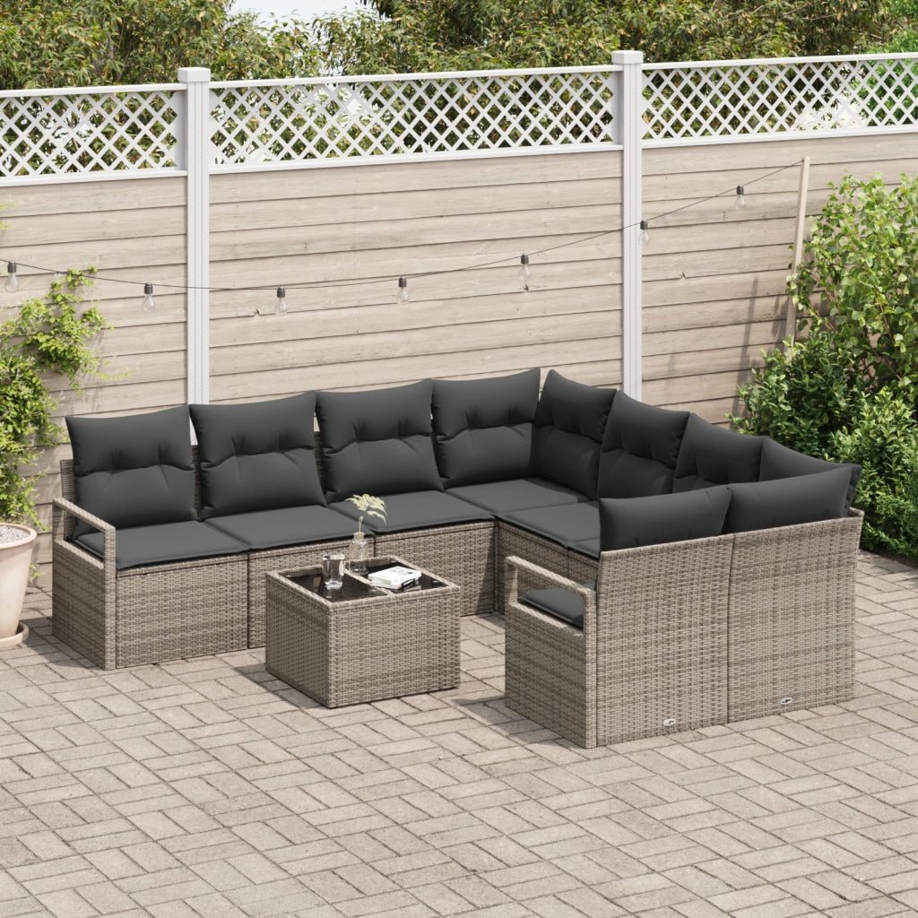 Set divani giardino  9 pezzi con cuscini grigio polyrattan