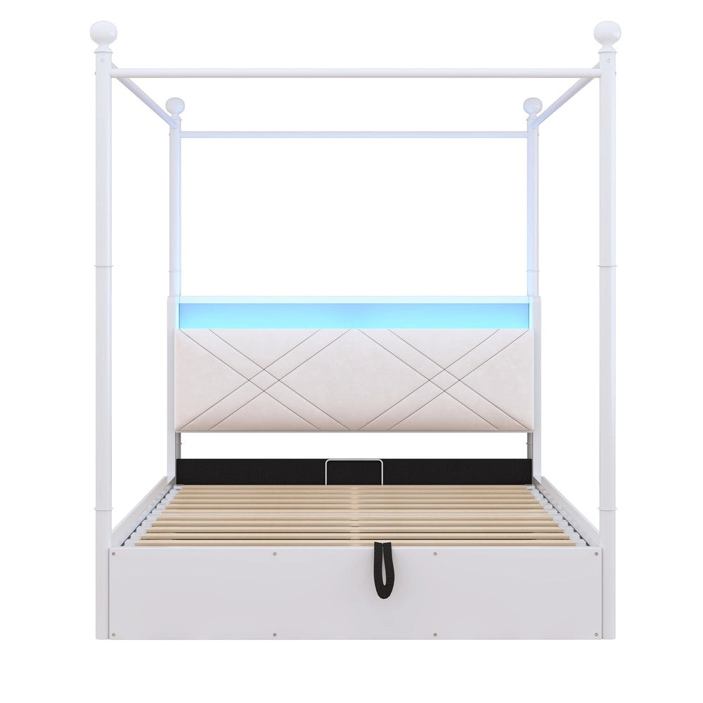 Letto Matrimoniale in Metallo con Baldacchino e Contenitore Idraulico ¨C Xylo ¨C Bianco 140x190 LED