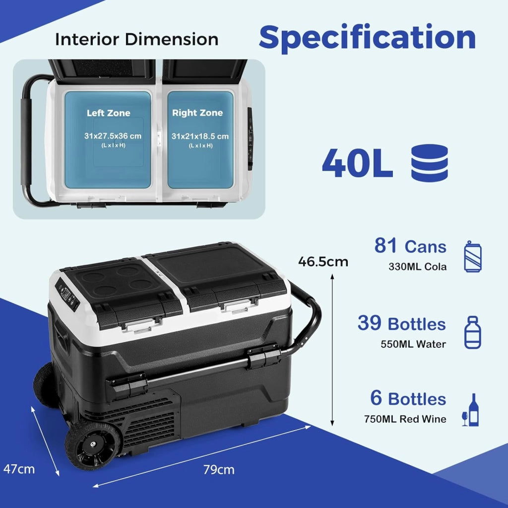 Compressore Frigorifero Box 40L Frigorifero Box Elettrico con Doppia Zone 12/24V -20°C-20°C, Funzionamento LED Touch Porta di Ricarica USB per Auto, Camion, Campeggio