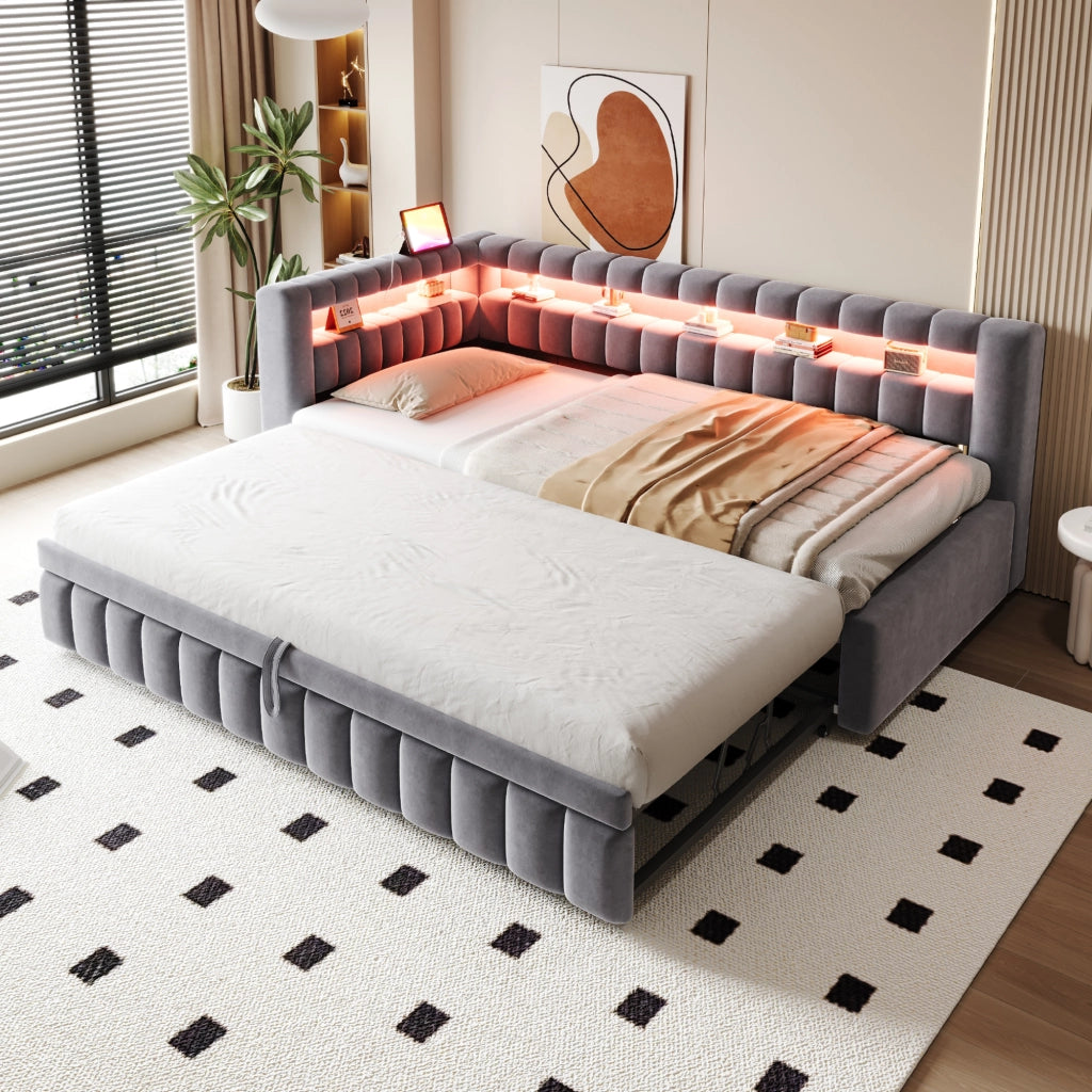 Letto imbottito 90x200 cm con letto estraibile, LED, porte USB e ripiani, grigio