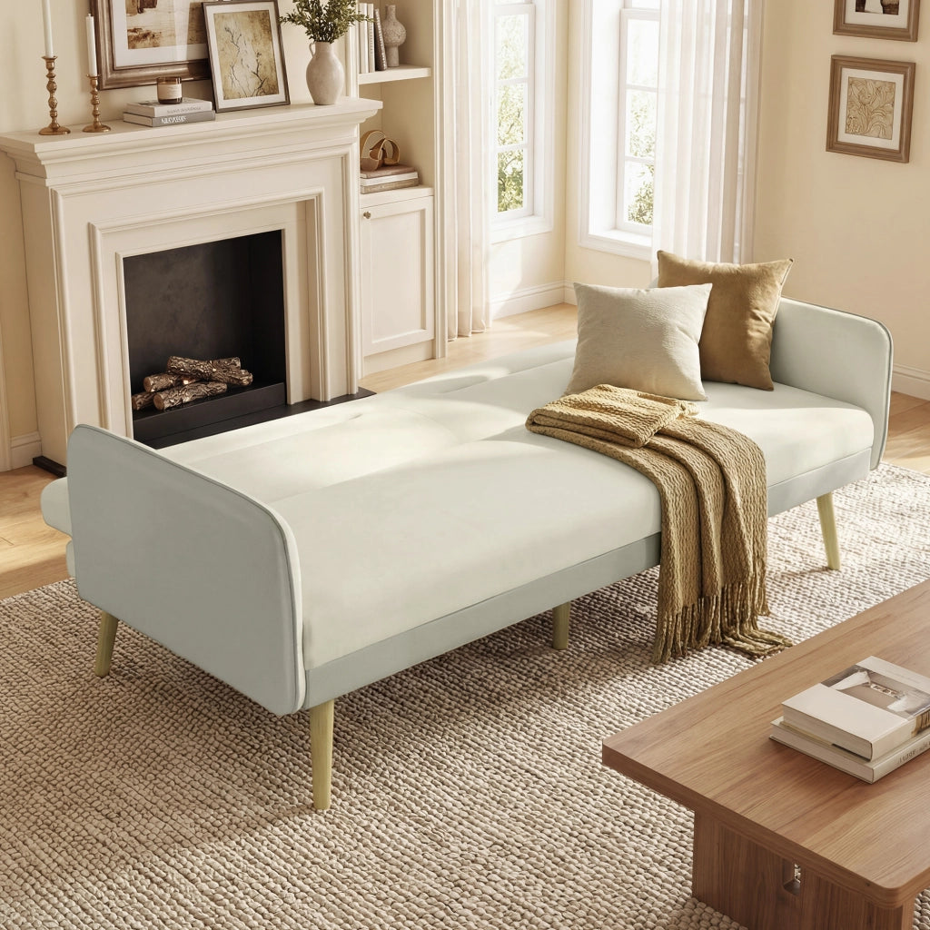 Divano Letto 3 Posti con Schienale Reclinabile e Rivestimento Effetto Velluto, 185x84x83 cm, Beige