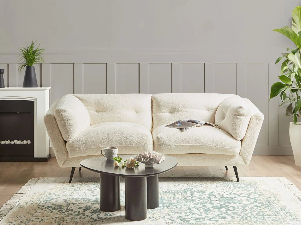 Divano Bianco Boucle Gambe in metallo 210 x 90 cm con cuscini Retro