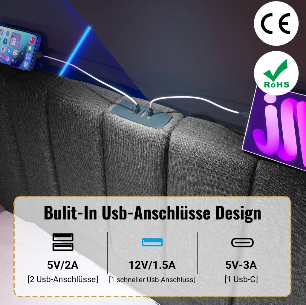 Letto matrimoniale 160x200 cm imbottito in lino grigio con LED 360° e porte USB; con contenitore