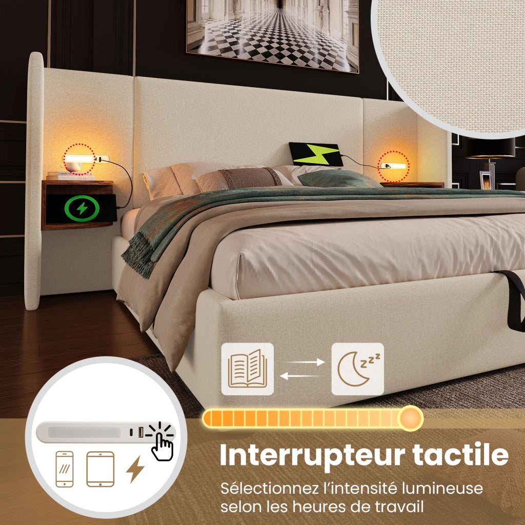 Letto Contenitore Matrimoniale; USB-C; Lampada da Lettura e Ripiani; 180 × 200 cm; senza Materasso