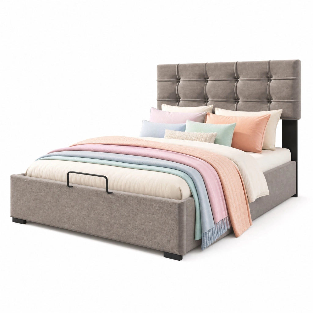Letto contenitore matrimoniale 140x200 cm in velluto, testiera regolabile, grigio chiaro