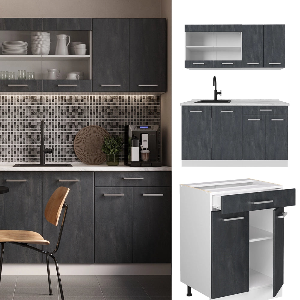 Vicco Cucina monoblocco Nero cemento/bianco 140 cm PL Marmo