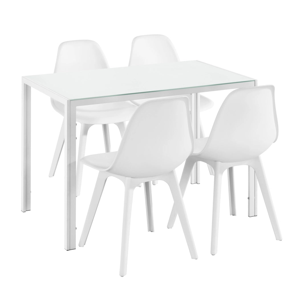 [en.casa] Arredo Sala da Pranzo  Set Tavolo Metallo Vetro 105 x 60 x 75 cm con 4 Sedie in Plastica 83 x 54 x 48 cm Bianco
