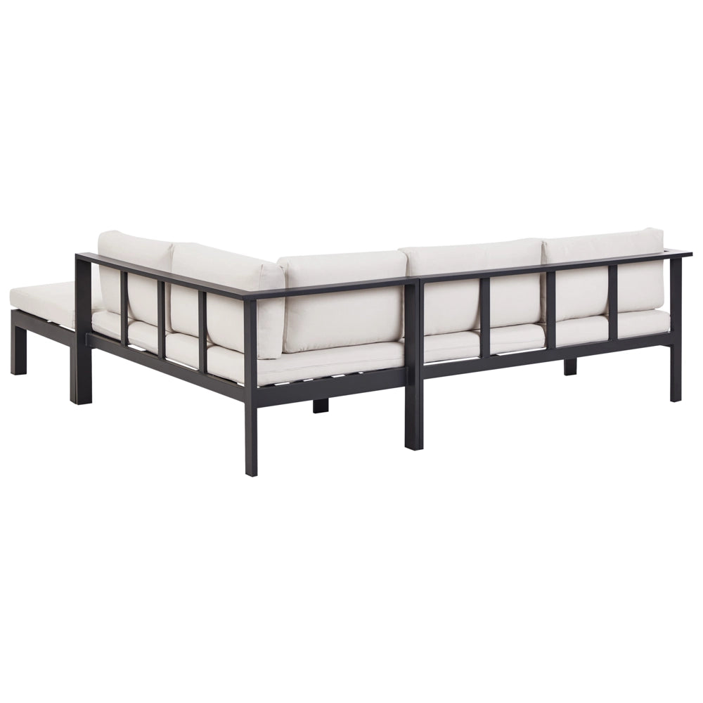 Set da giardino divano 5 posti e tavolo elevabile con struttura bianca e piano in vetro e cuscini nero e bianco sporco stile moderno scandinavo