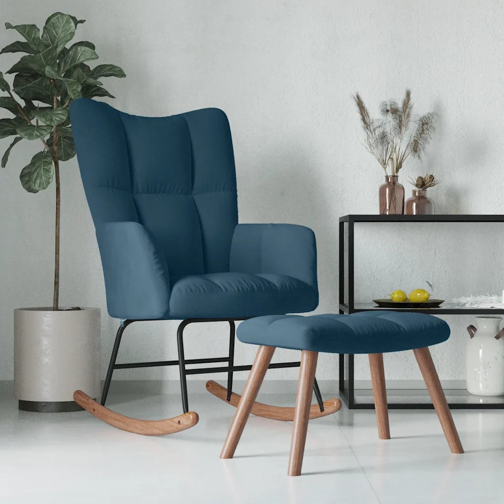 Sedia a dondolo con sgabello in velluto blu