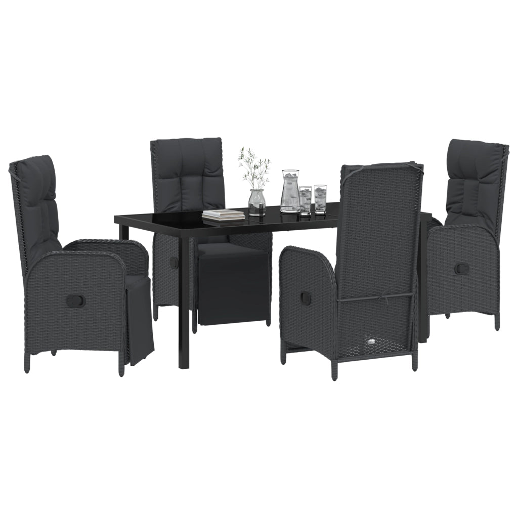Set da Pranzo Giardino 5 Pezzi con Cuscini Nero Polyrattan