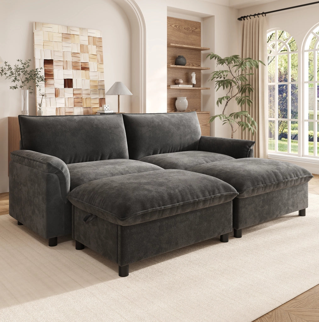 Divano in ciniglia grigio con pouf contenitore, 216 cm