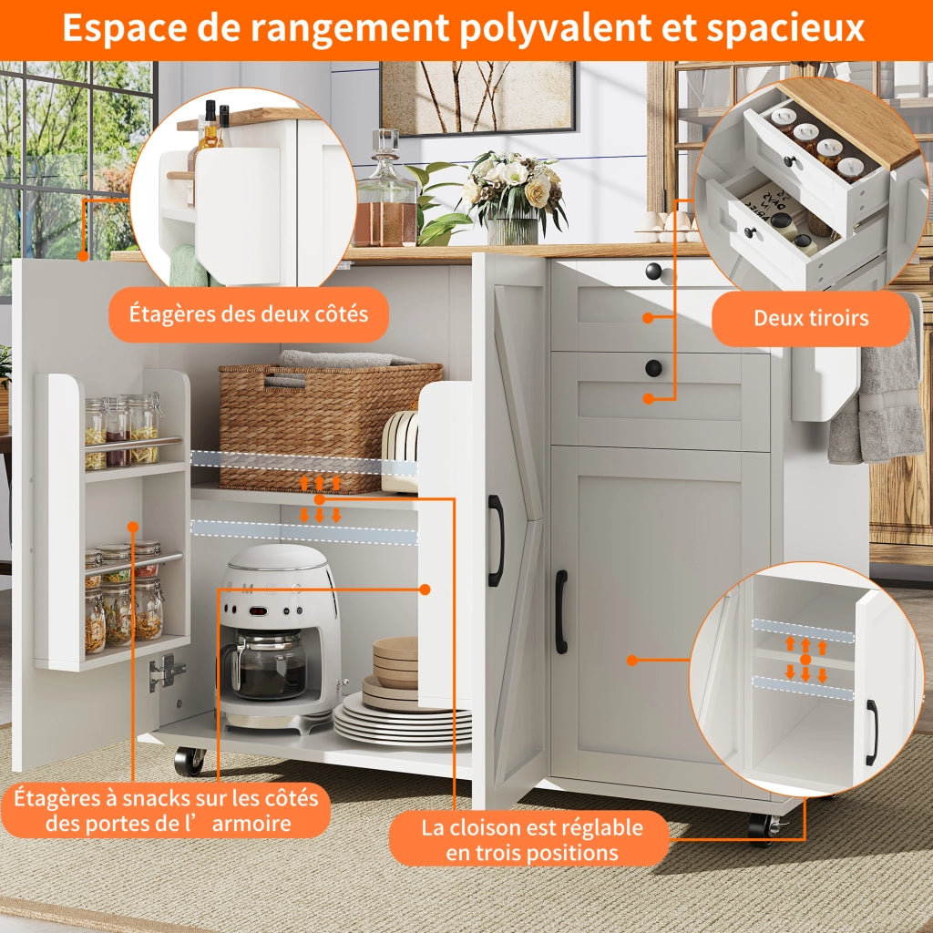 OKWISH Carrello da Cucina con 2 Cassetti, Ripiani su Entrambi i Lati, Piano Ribaltabile e 5 Ruote, per Cucina, MDF, Bianco