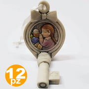 Trade Shop - Set Bomboniera Chiave Fiocco Gancio Comunione Bambina Sacra Eucarestia Ceramica -