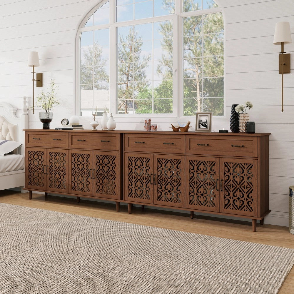 Credenza 4 Ante 2 Cassetti Massello Noce ¨C MINIMAL ¨C Design Retr¨° con Ripiani Regolabili