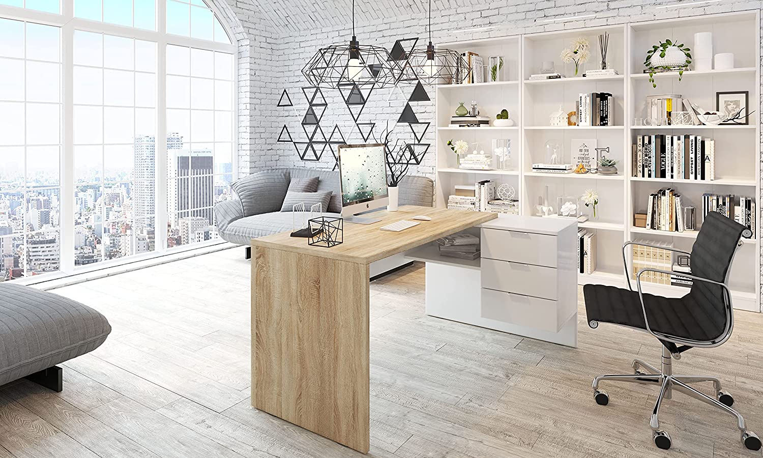 Scrivania ufficio con cassettiera bianco rovere