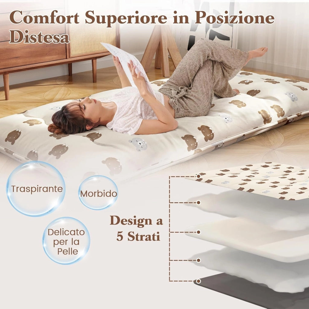 Materasso Futon Pieghevole, Materasso Portatile con Sacca da Trasporto per Camping, Materasso da Terra con Copertura Lavabile (200 x 90 cm, Marrone)