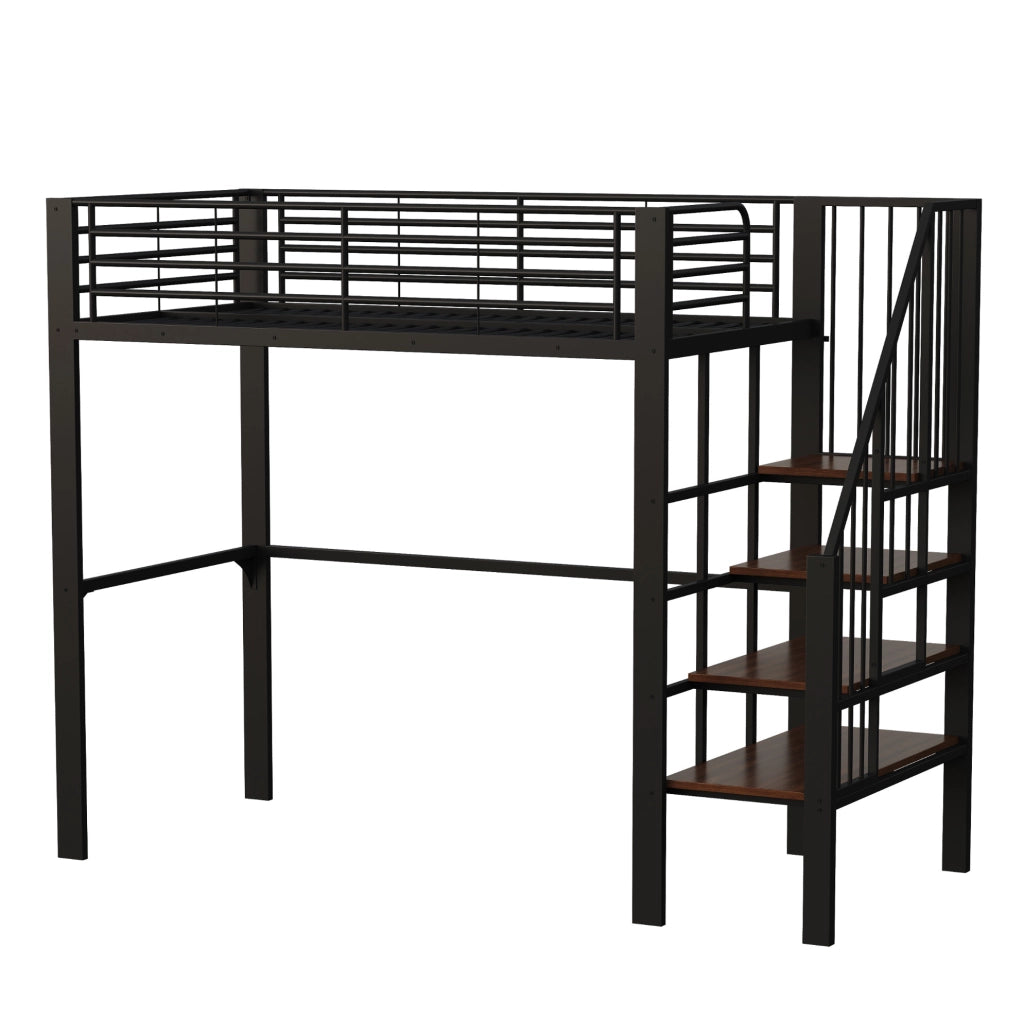 Letto a soppalco 90x200 cm in metallo e legno con scala e vano contenitore; nero