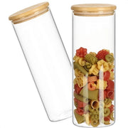 2 x scatole di riserva con coperchio in bambù, 1800 ml, contenitori di riserva per alimenti in vetro di borosilicato rinforzato, contenitori a chiusura ermetica, scatola rotonda riutilizzabile da 1,8 l, 02 pezzi, 1800 ml