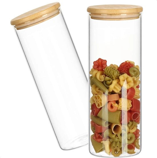 2 x scatole di riserva con coperchio in bambù, 1800 ml, contenitori di riserva per alimenti in vetro di borosilicato rinforzato, contenitori a chiusura ermetica, scatola rotonda riutilizzabile da 1,8 l, 02 pezzi, 1800 ml