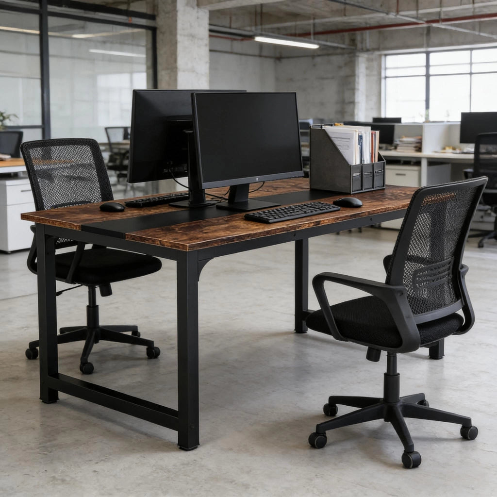 Scrivania lineare con ampio piano, struttura in metallo e legno, per home office, nero rustico, 160 × 80 × 75 cm