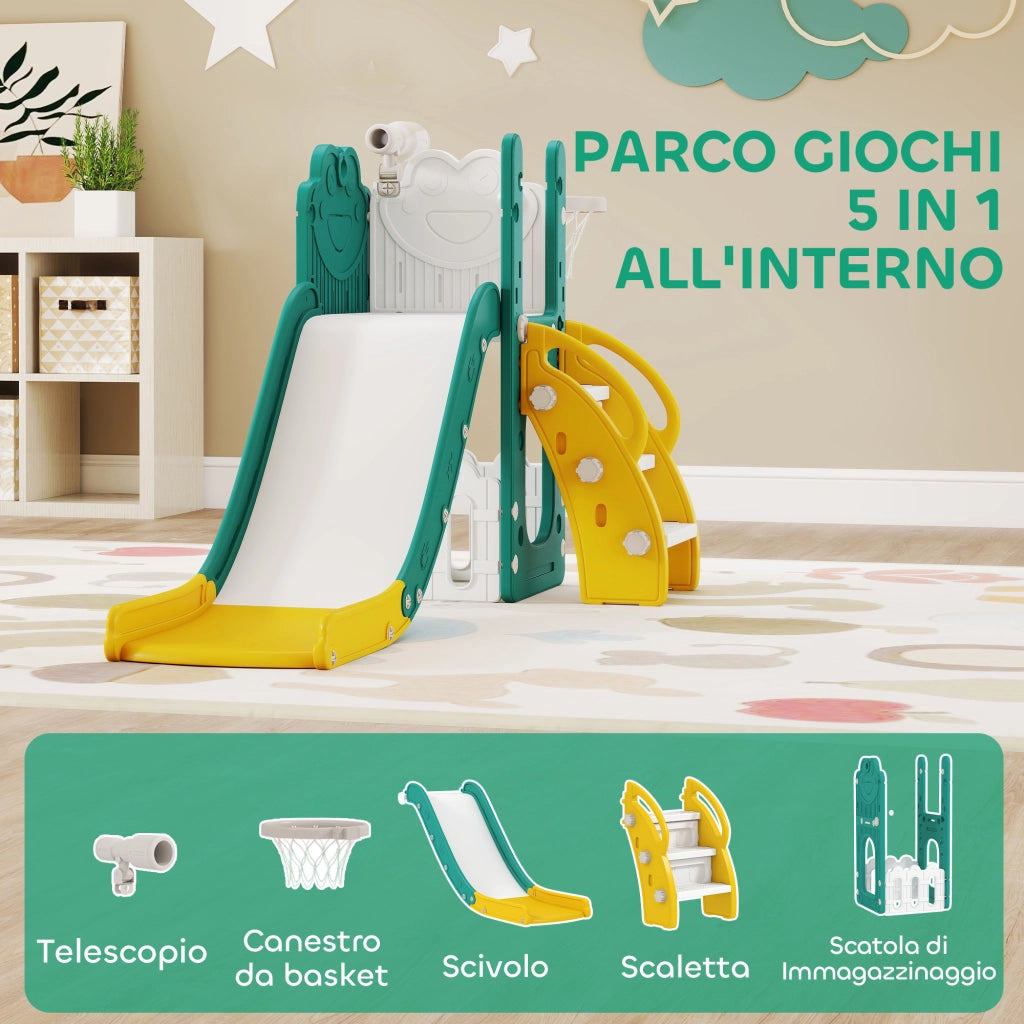 Scivolo per Bambini con Canestro 178x70x86 cm in HDPE e PP Giallo e Verde